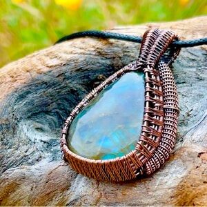 Handmade Labradorite pendant wrapped in copper with adjustable cord necklace